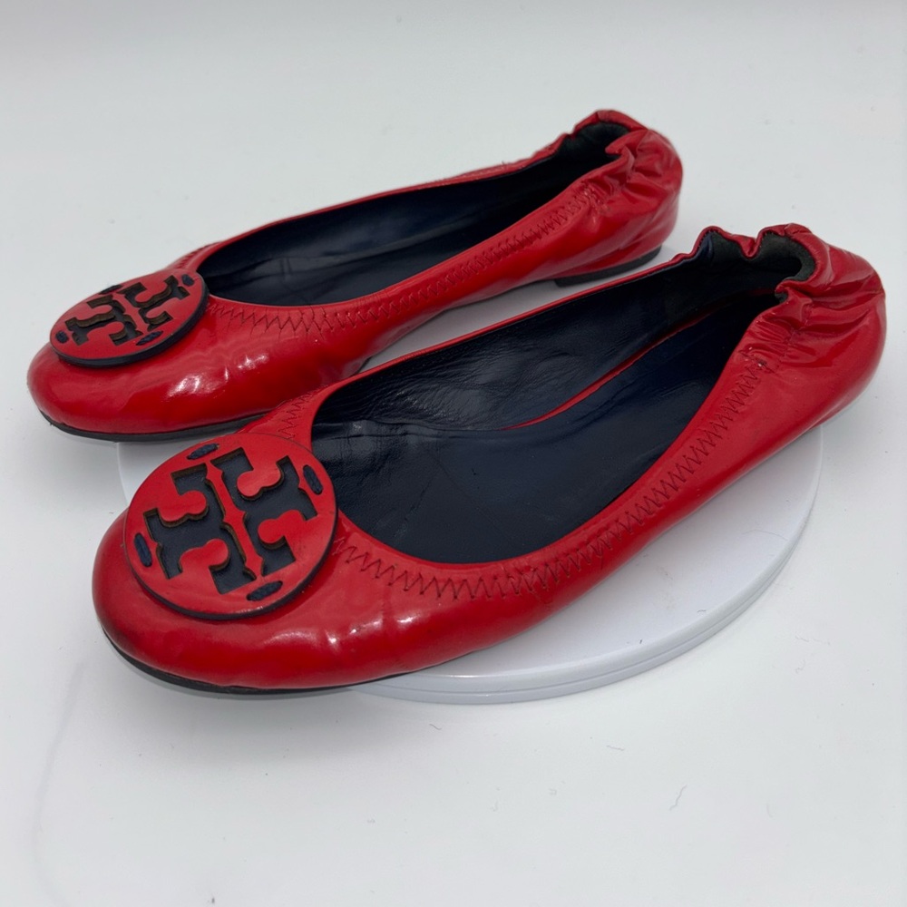 TORY BURCH Red Reva Ballet Flat Patent Leather Shoe Logo Slip On Office‎ Round 7